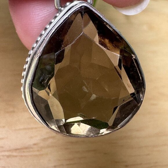 VTG Pendant 1.25" Tear Drop Faceted Smoky Quartz Gem 925 Sterling 10.9g - Picture 7 of 9
